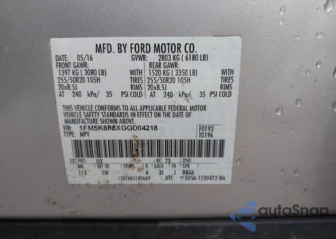 2016 Ford Explorer Limited from USA, damaged, VIN 1FM5K8F8XGGD04218